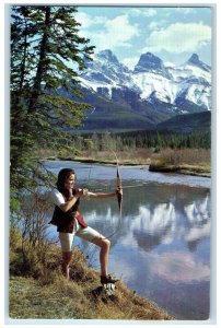 c1950's Three Sisters Mountains Canmore Alberta Canada Woman Bow Arrow Postcard