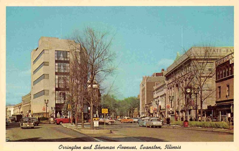 Orrington Sherman Avenues Cars Evanston Illinois 1950s postcard