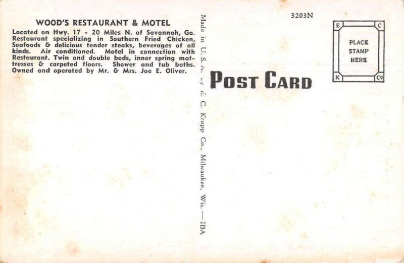 Savannah Georgia Wood's Restaurant and Motel Coke Sign Vintage Postcard AA21313