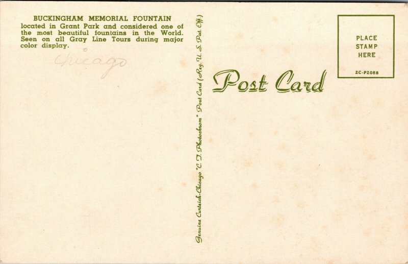 Vtg 1950s Grant Park Buckingham Memorial Fountain Chicago Illinois IL Postcard