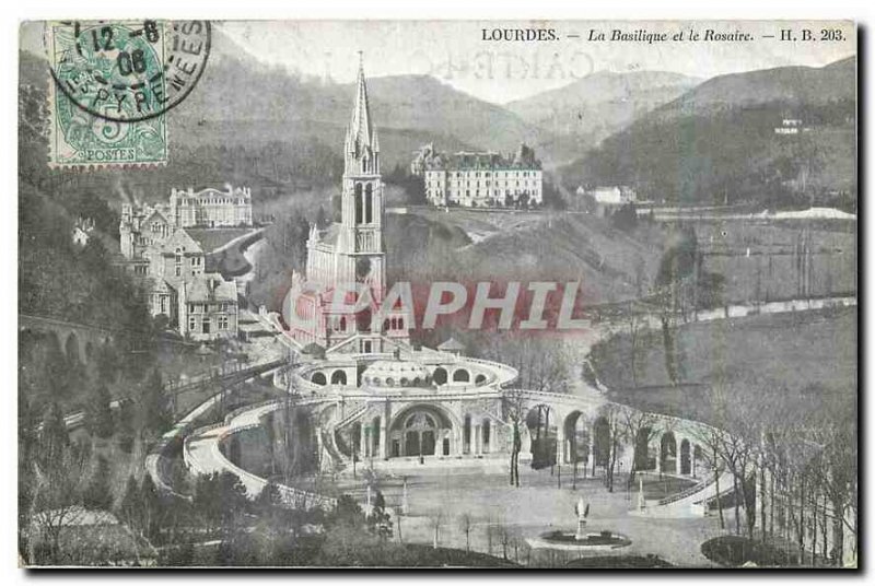 Old Postcard Lourdes Basilica and the Rosary