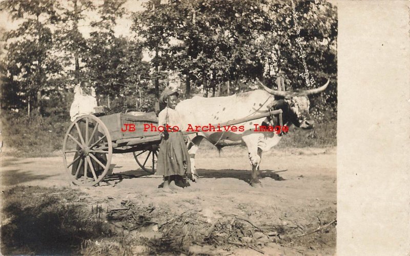 Black Americana, RPPC, Mother & Daughter with Ox Drawn Delivery Cart