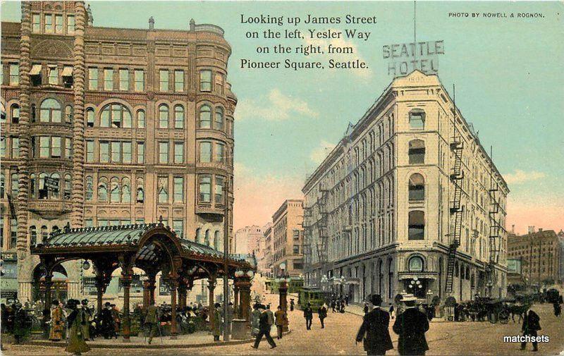 C-1910 Seattle Washington James Yesler Pioneer Square Trolley postcard 11100