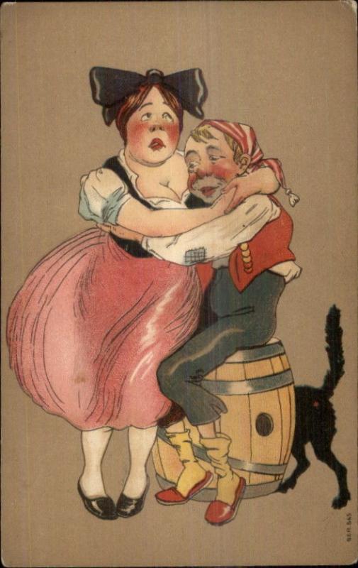 Buxom Woman Squeezes Skinny Man to Breast - Cat Butt c1910 Postcard 