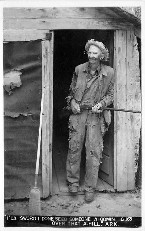 Arkansas 1940s Hill Billy Rifle Cabin Broom RPPC real photo postcard 1279