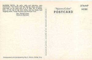 Postcard Rainbow Motel & Texaco Station Old Gas Pumps Split View Salida CO