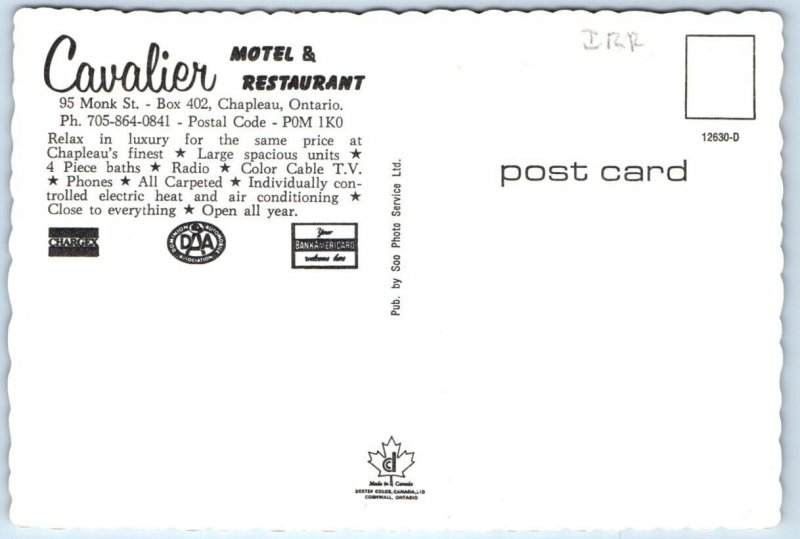 Cavalier motel & restaurant roadside CHAPLEAU Ont. Canada 4x6 Postcard