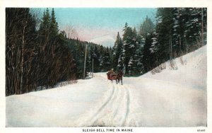 Vintage Postcard 1920's Sleigh Bell Time in Maine ME Pub. C.T. American Art