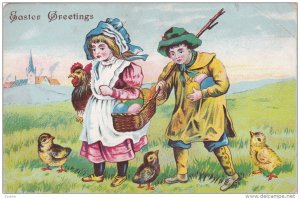 EASTER; Greetings, Couple, Rooster, Chicks, Basket of colored eggs, 00-10s