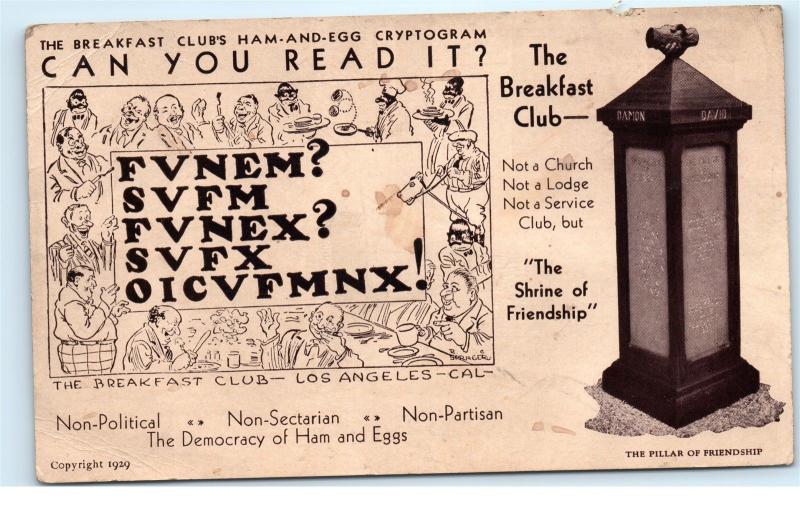 The Breakfast Club Ham and Egg Cryptogram c1929 Friendship Vintage Postcard C29