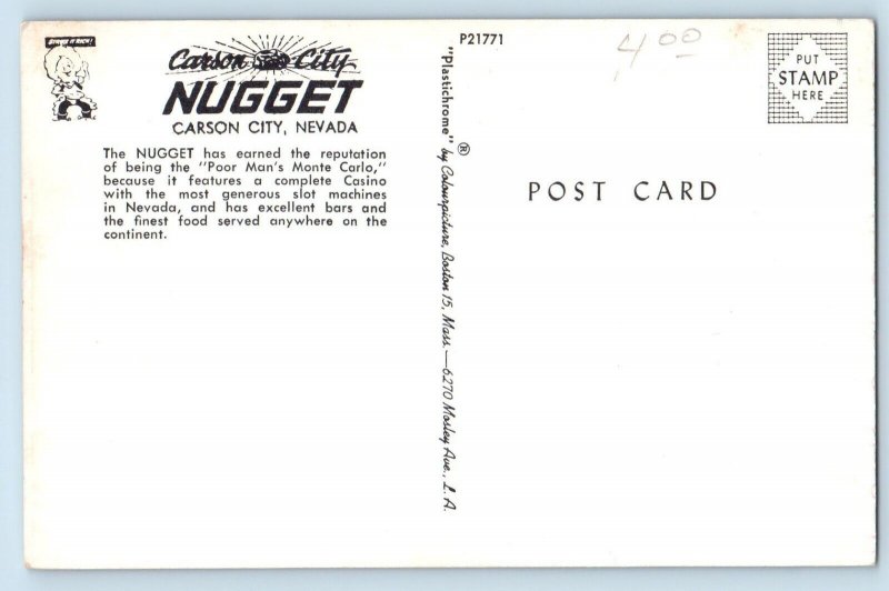 Carson City Nevada Postcard Nugget Night Exterior Building c1960 Vintage Antique