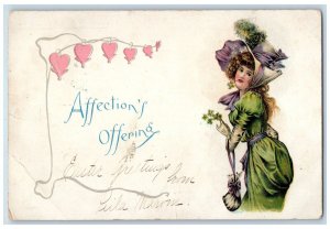 1906 Valentine Pretty Woman Big Hat Shamrock Walton New York NY Antique Postcard