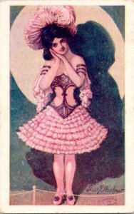 Art Nouveau Postcard Woman in Pink Pierrot Style Dress Artist Edward Waskow