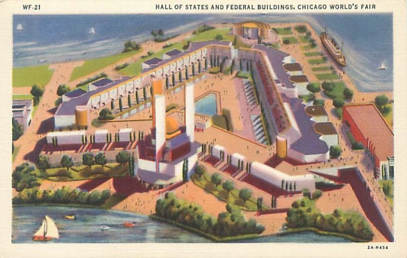 1933 Chicago World's Fair Hall of States &b Federal Bldgs Linen Postcard...