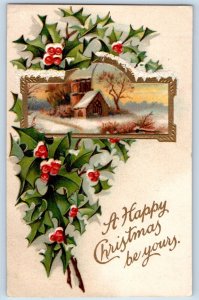 Charles City Iowa IA Postcard Christmas Holly Berries House Winter Clapsaddle