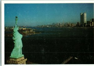 Panoramic View Postcard Statue of Liberty New York w/ Twin Towers NY New York