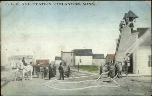 Finlayson MN Fire Dept Station Fire Fighters c1910 Postcard