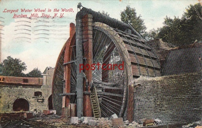 1907 TROY NY BURDEN MILL Largest Water Wheel in the World, 2 men, publ Ramroth 