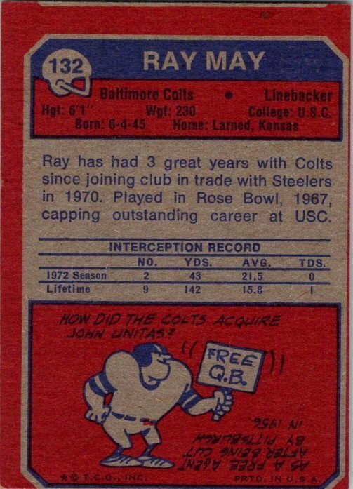 1973 Topps Football Card Ray May Baltimore Colts sk2444