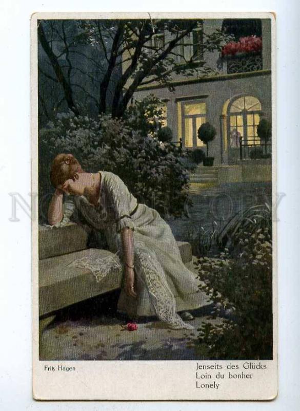 189475 Lonely BELLE Lady in Garden by Fritz HAGEN Vintage PC