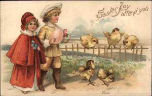 Easter Embossed Children Chicks Egg Flowers c1910-1920s Vintage Postcard