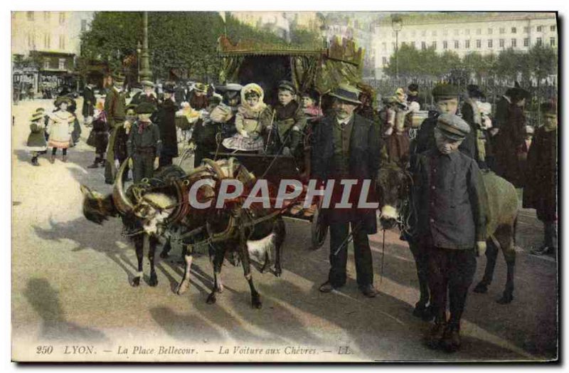 Old Postcard Chevre Lyon Bellecour Square car to goats