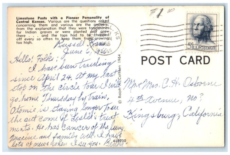 1966 Limestone Posts Pioneer Personality Central Indian Graves Kansas Postcard