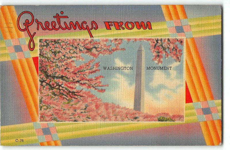 Greetings from WASHINGTON MONUMENT DC Cherry Blossoms - 1943 Linen Postcard