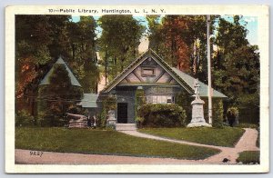 1922 Public Library Huntington Long Island New York Front Statue Posted Postcard