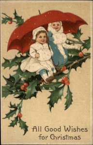 PFB Christmas Serie 9019 Fantasy Kids on Holly Branch c1910 Vintage Postcard
