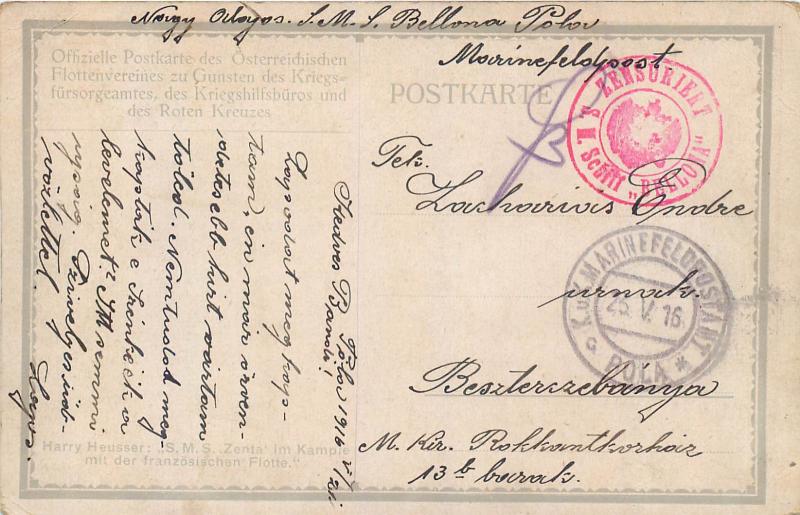 Harry Heusser signed 1916 S. M. S. Zenta ship Bellona censor cancel Red Cross