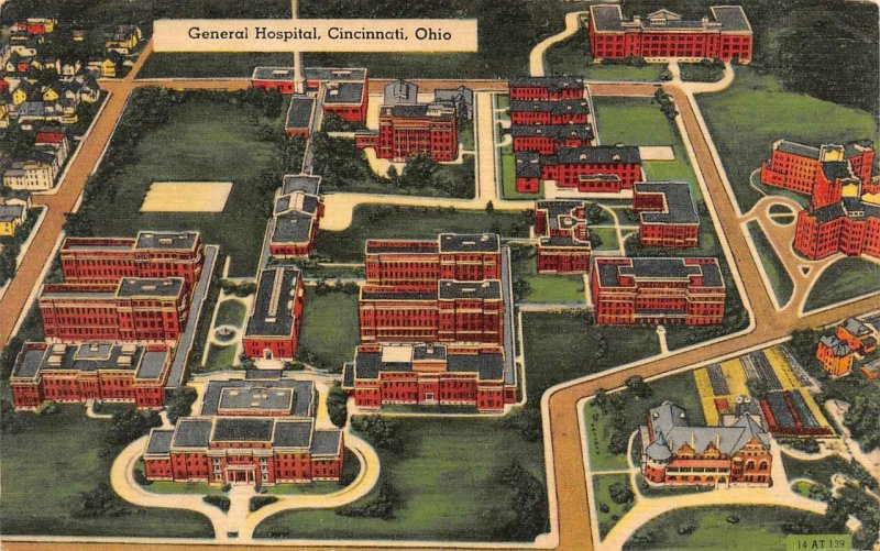 CINCINNATI, Ohio OH   GENERAL HOSPITAL Bird's Eye View  1955 Linen Postcard