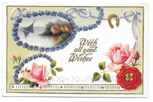 Good Wishes Embossed Roses Horseshoe Vintage Postcard