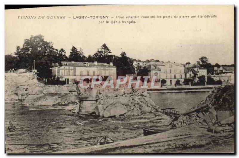 Old Postcard Army Lagny Torigny Bridge destroyed by the French Genie