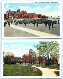 2 Postcards LANSING, Michigan MI ~ Drill at INDUSTRIAL SCHOOL Campus c1920s