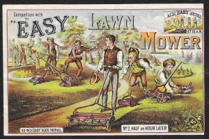 VICTORIAN TRADE CARD Easy Lawn Mower Well Dressed Man Easily Mows Other Men Fail