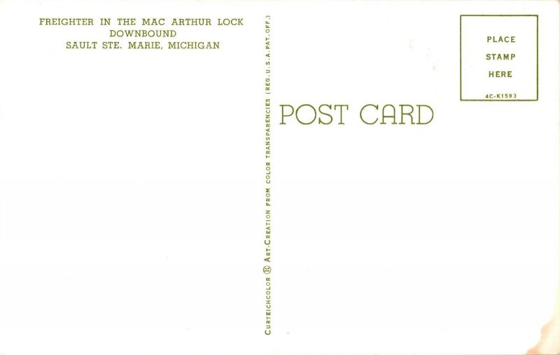 Freighter Downward Bound, MacArthur Lock Sault Ste Marie MI Vintage Postcard L75