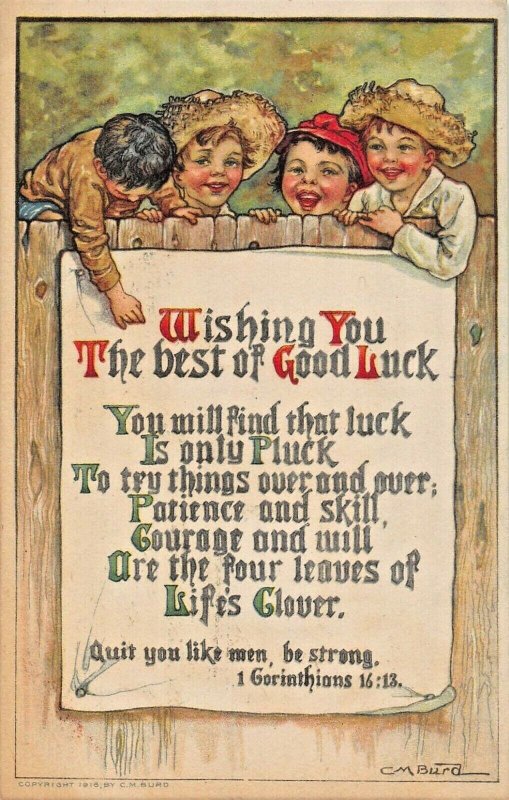 WISHING YOU BEST OF LUCK-BIBLE VERSE~BOYS ON FENCE-C M BURD ARTIST 1917 POSTCARD