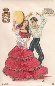 Spain Granada Silk Folk Dancers Embroidered Postcard Espana Retro Lady Women