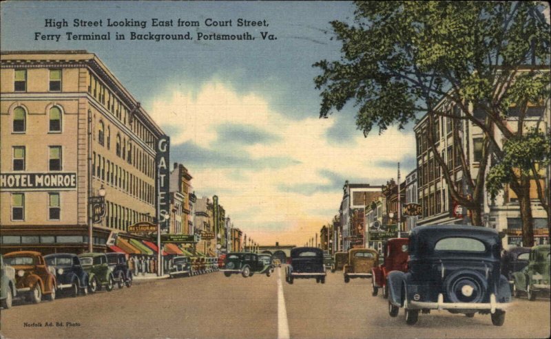 Portsmouth Virginia VA High Street Classic 1940s Cars Linen Vintage Postcard