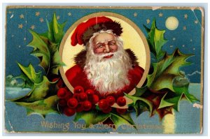 1909 Christmas Santa Claus Holly Berries Bondurant Iowa IA Antique Postcard