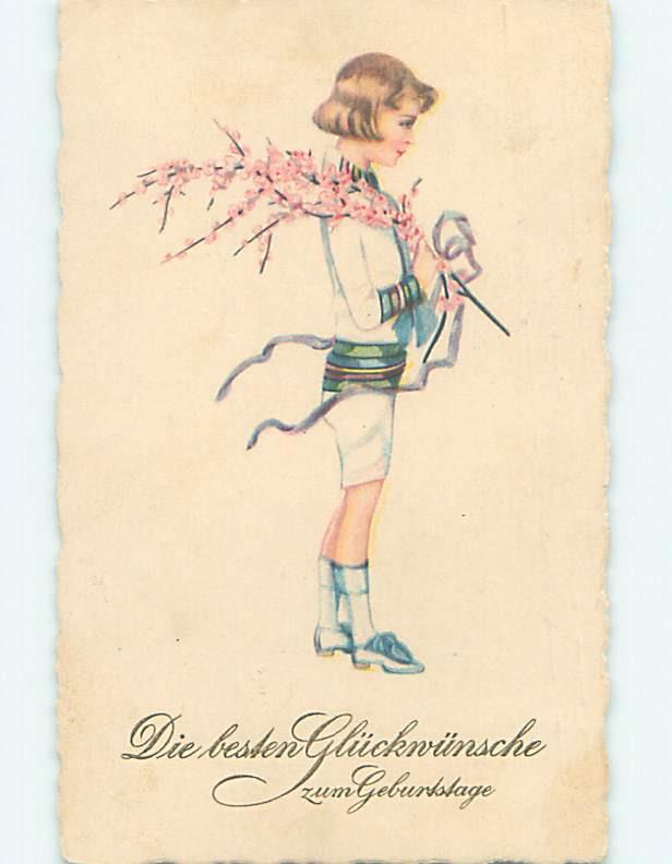 Pre-Linen foreign GERMAN CHILD CARRYING PINK FLOWERING BRANCH ON SHOULDER HJ4293