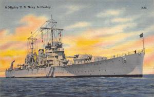 WWII Era Military 1940s Linen Postcard Mighty US Navy Battleship