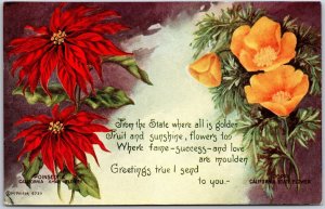 Poinsettia California Xmas Flower & Poppy California State Flower Postcard