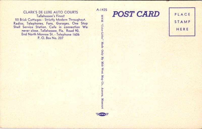 Linen Postcard Clark's De Luxe Auto Courts in Tallahassee, Florida