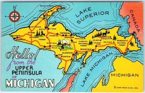 c1960s Upper Peninsula, MI Hello Greetings Map Highway Lakes from Chrome PC A318