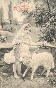 Easter greetings postcard Hungary 1907 lovely girl & lamb