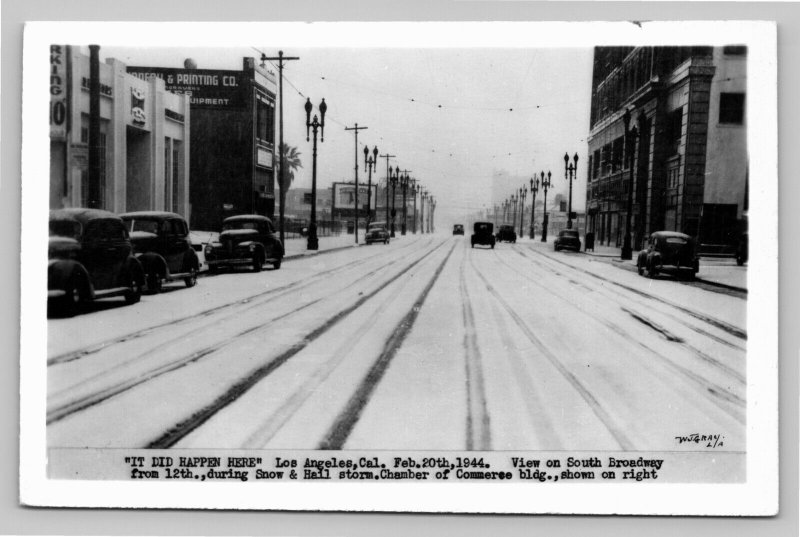 RPPC Snow in Downtown Los Angeles 1944 Street View South Broadway Real Photo UNP