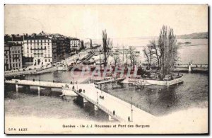 Old Postcard Geneve J J Ile Rousseau and Pont des Bergues