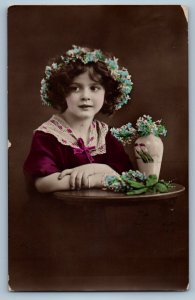 c1910's Pretty Child Girl With Floral Headdress Studio RPPC Photo Postcard